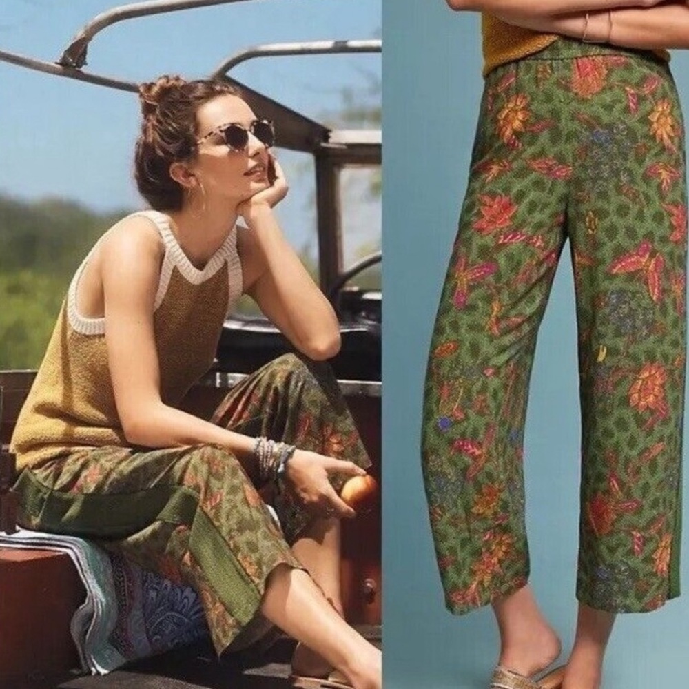 Anthropologie Green Floral Cropped Pants